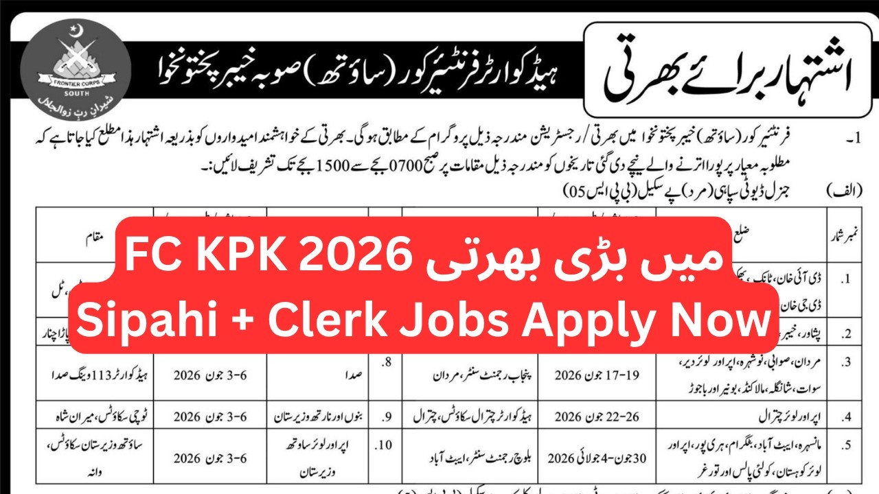 FC KPK Jobs 2026 | Frontier Corps South Recruitment | Soldier & Clerk Jobs Apply Now