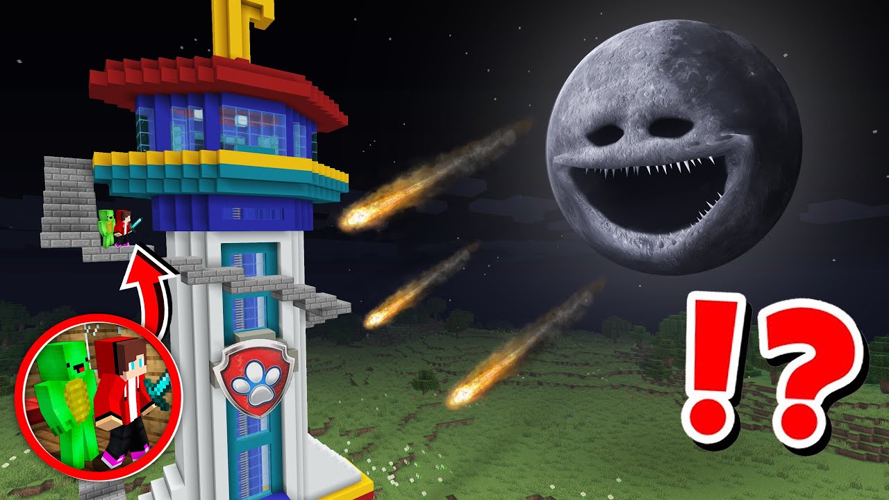 JJ and Mikey BIGGEST Paw Patrol Tower vs The MOON Wakes UP BUILD CHALLENGE in Minecraft - Maizen