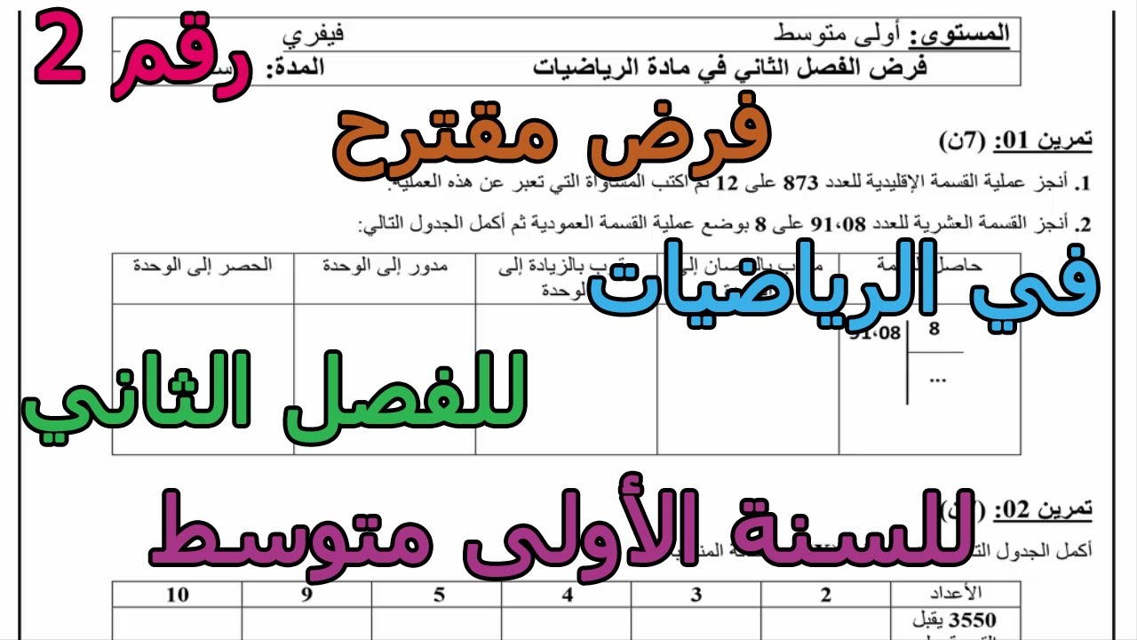 فرض مقترح (رقم 2) في الرياضيات للفصل الثاني للسنة الأولى متوسط 2026