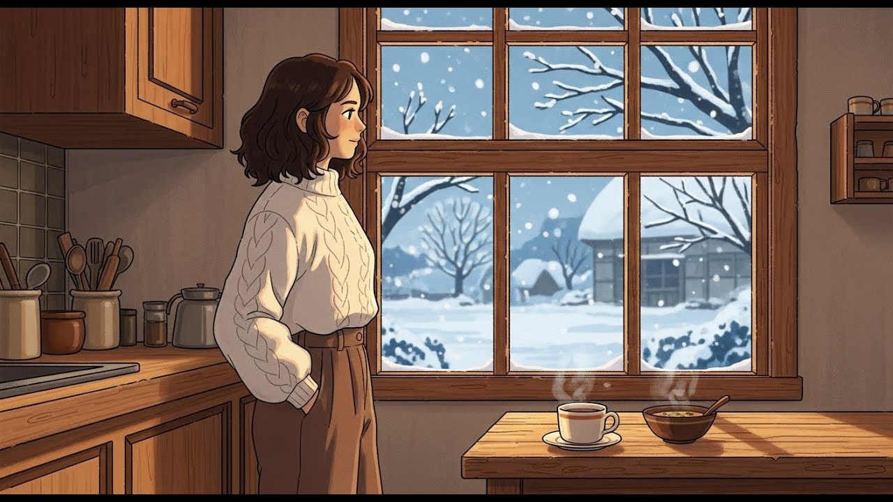 Snow Falling Outside the Kitchen Window | Ghibli-Style ASMR | Cozy Slow Living Story