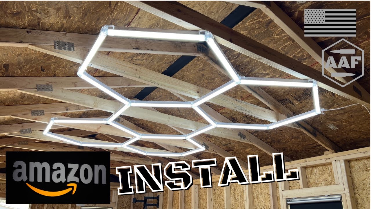 HYPERLITE Hexagon Garage Light Install from Amazon:  5 Grid System 6500K Cool White