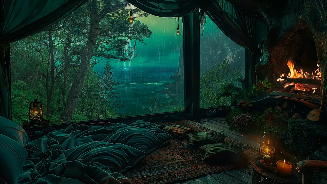 Watching Storms At Sea From A Cozy Room With Fireplace ⛈Rain and Thunder Sounds Help Relax, Sleep