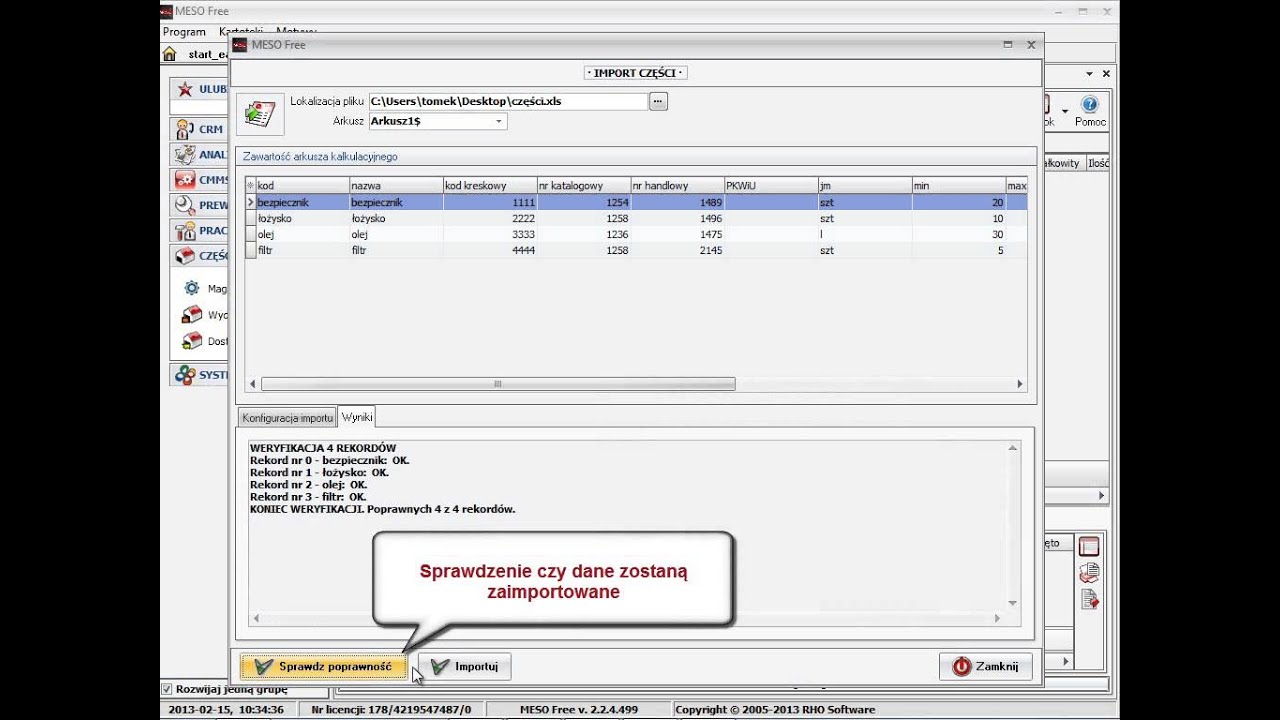 CMMS MESO Free - import danych z pliku xls