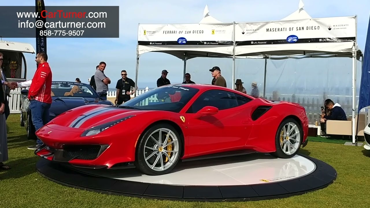 Ferrari 488 Pista at the La Jolla Concours on a Carturner turntable with  Ferrari of San Diego logo