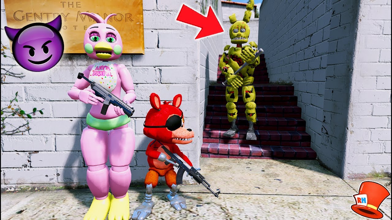 CAN FLOWER CHICA & FNAF WORLD FOXY HIDE FROM SPRINGTRAP? (GTA 5 Mods FNAF RedHatter)