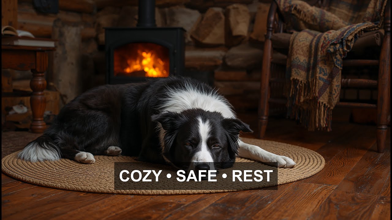 Cozy Cabin Sleep 🐾 Fireplace Ambience with a Peacefully Sleeping Dog - Relaxing music sleep