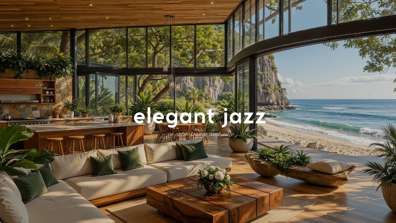 Elegant Morning Lounge In Seaside - Indoor Cafe Ambience, Calm Music & Ocean Wave Sounds To Relax