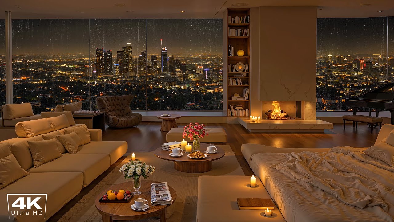 [4K] Los Angeles City Night ~ Cozy Apartment Ambience with Smooth Piano Jazz Music to Deep Sleep