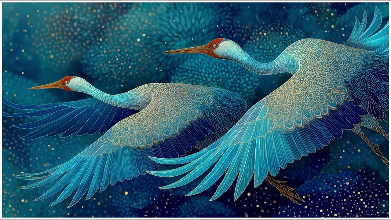 Graceful Red-Crowned Crane Couple | Elegant Crane Art Painting | Still Art Screen Saver | 4K