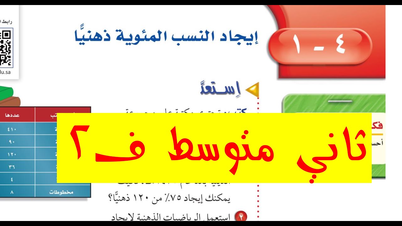إيجاد النسب المئوية ذهنيا للصف الثاني المتوسط ف 1
