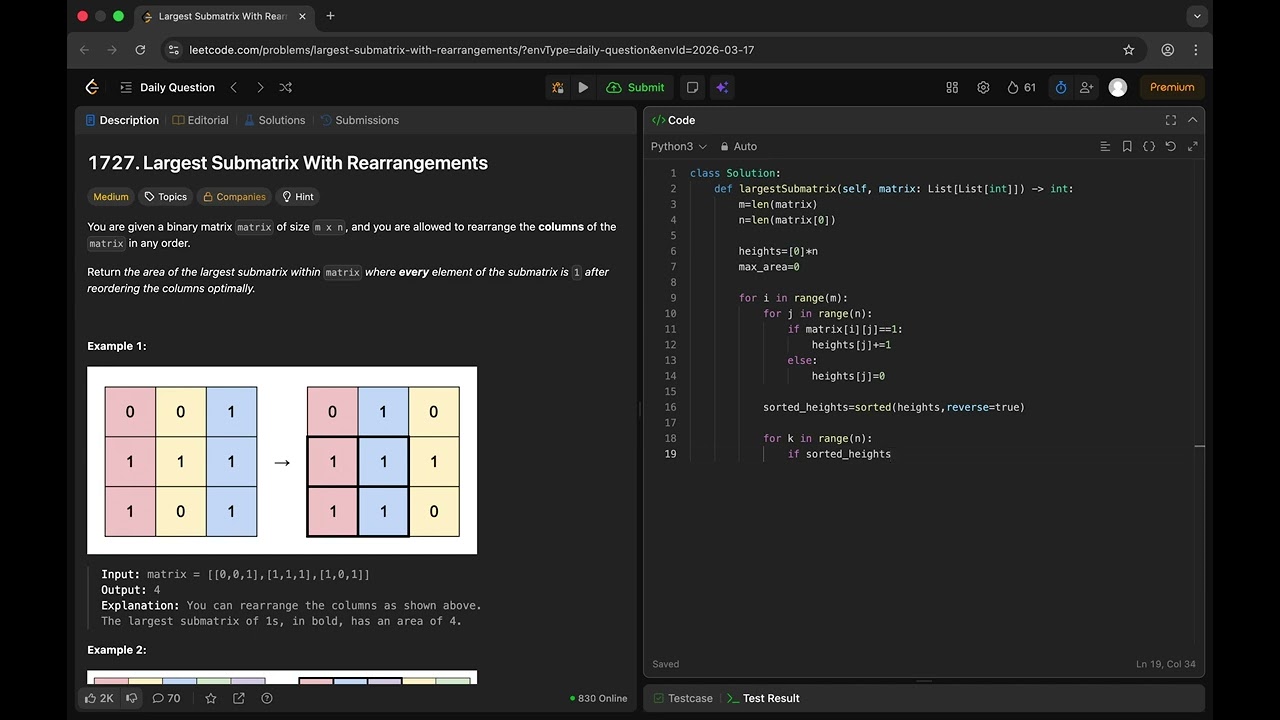 1727. Largest Submatrix With Rearrangements | Leetcode Daily Challenge