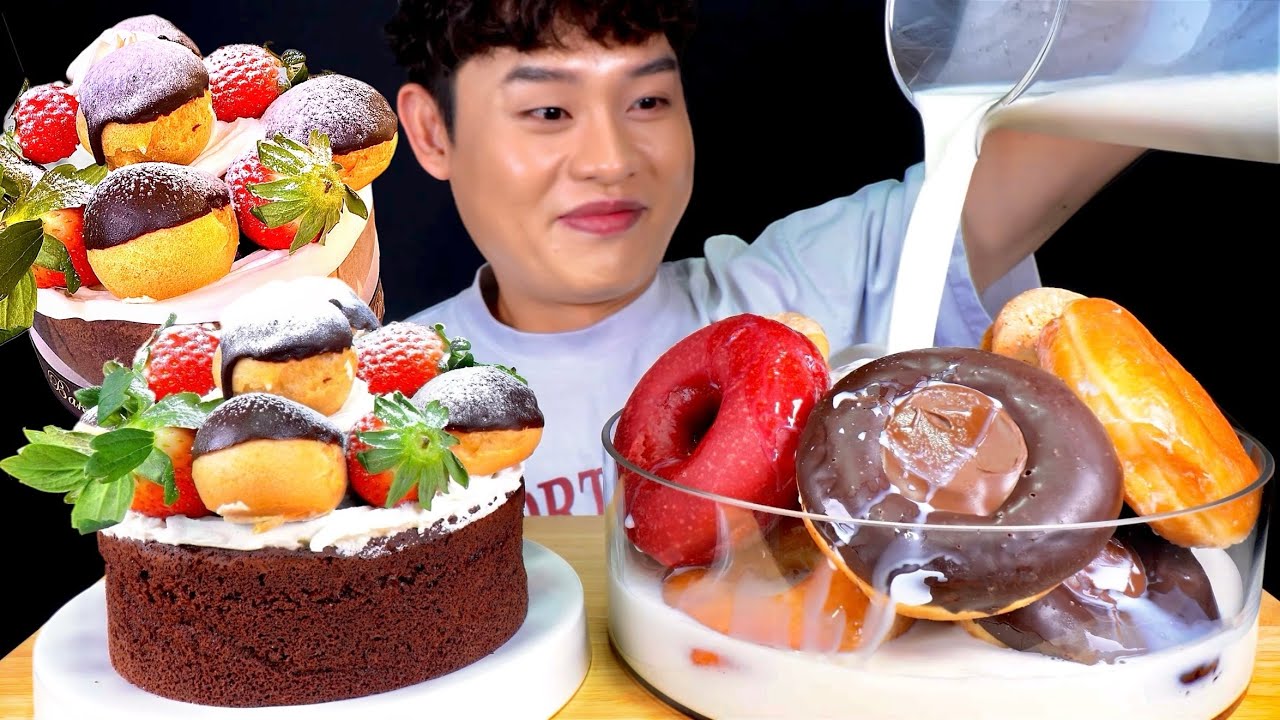 ASMR 촉촉한 우유도넛 레드글레이즈 누텔라바나나 도넛과 쇼콜라 케이크 먹방~!! Sweet Doughnuts With Milk Chocolate Cake 🎂🍫 MuKBang~!!