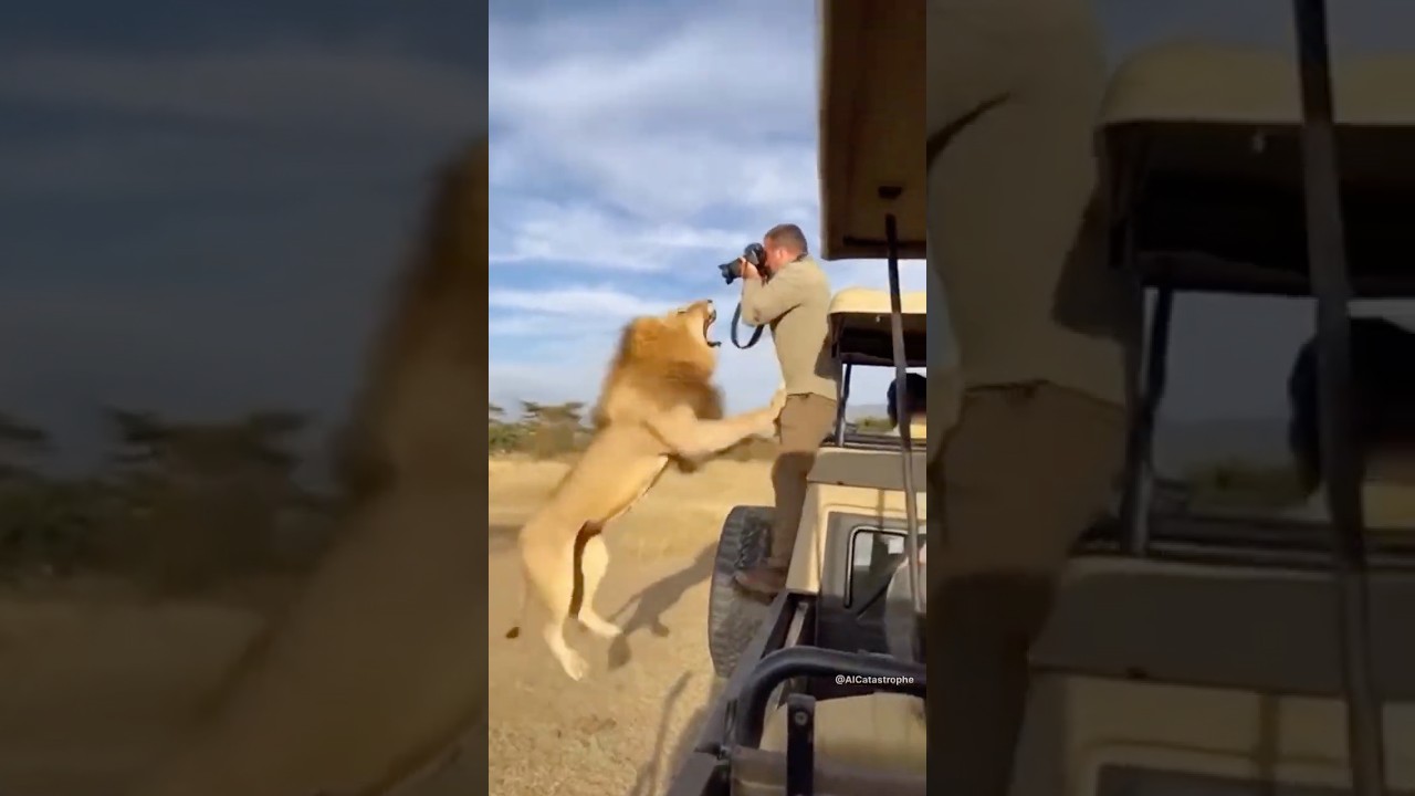 Лев прыгает на фотографа на сафари 😱🐾