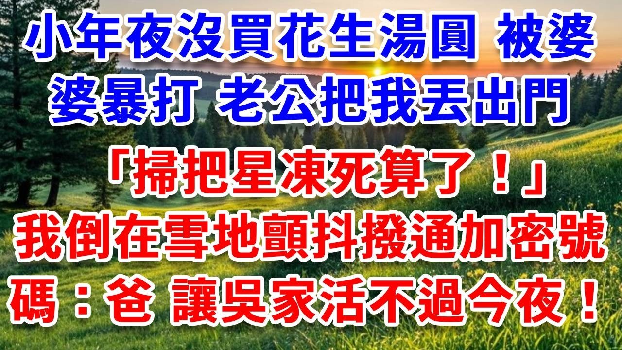 小年夜我沒買花生湯圓，被婆婆暴打，老公揪著我把我丟出門外：掃把星凍死算了！我滿身積雪倒在雪地，婆家5口在屋內取暖，顫抖撥通加密號碼：爸，讓吳家活不過今夜！#詩涵講故事#為人處世#生活經驗#情感故事