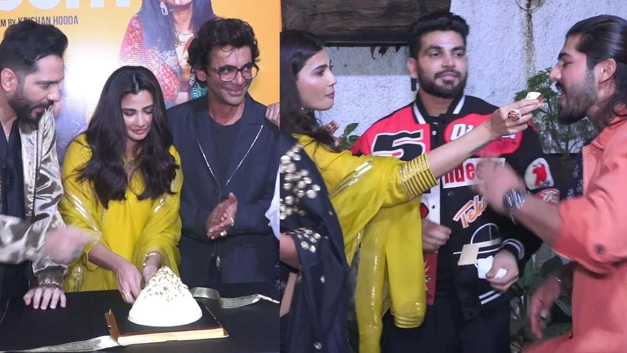Shiv Thakare, Daisy Shah, Sheezan and Sunil Grover cut cake at screening of THE ELEPHANT IN THE ROOM