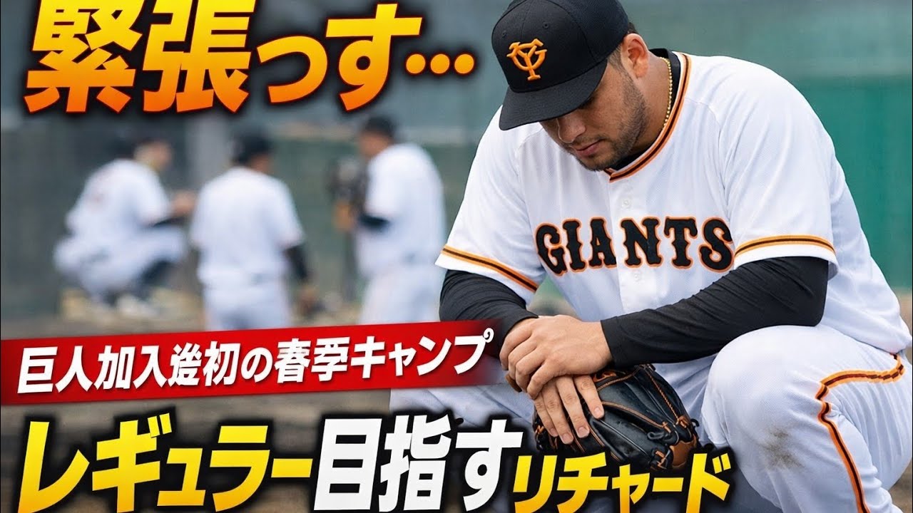 「緊張っす」巨人加入後初の春季キャンプでリチャードが足元を見つめレギュラー目指す