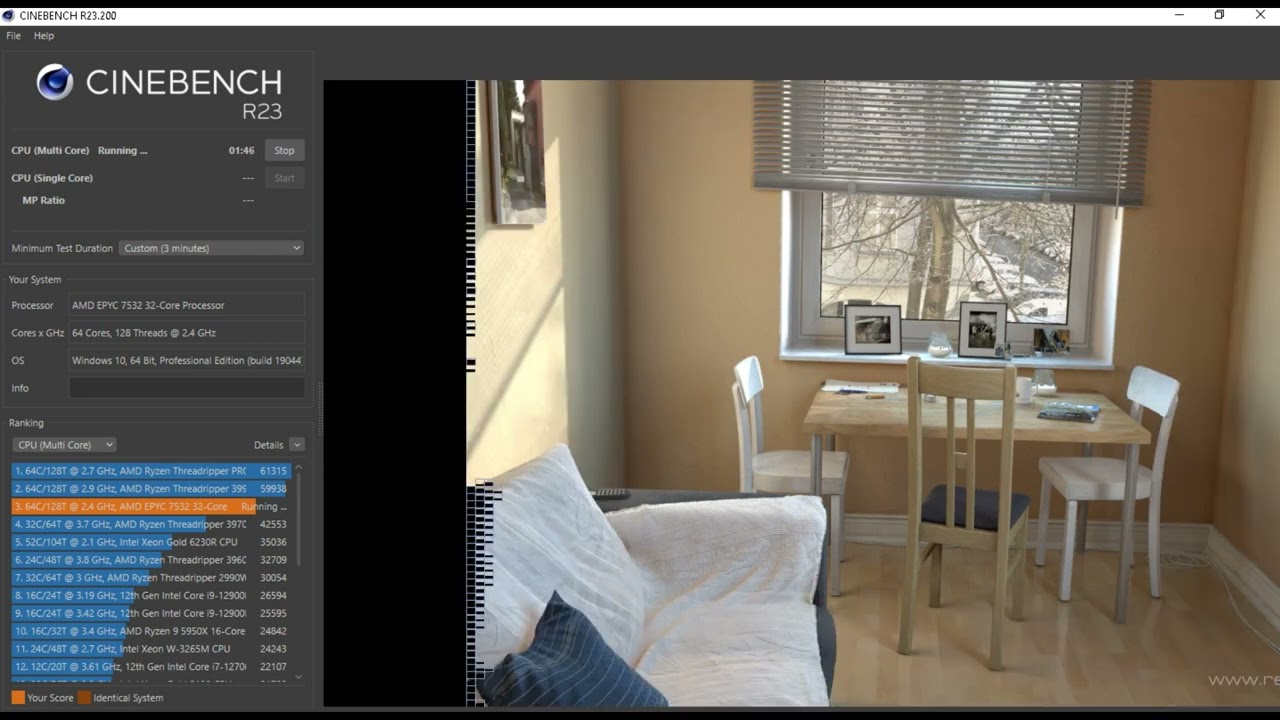 AMD EPYC 7532 X2 64core/128thread cinebench r23 test