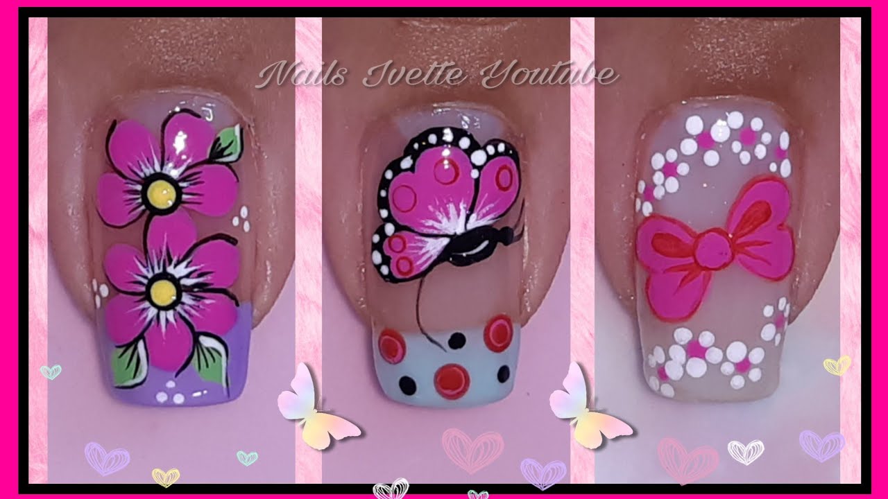3 Decoración de uñas rosado/diseño de uñas flores/Diseño de uñas mariposa/Diseño de uñas moño