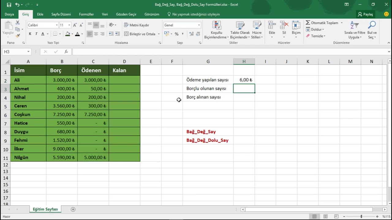 #10 Bağ_Değ_Say ve Bağ_Değ_Dolu_Say formülleri _ Excel Eğitimi