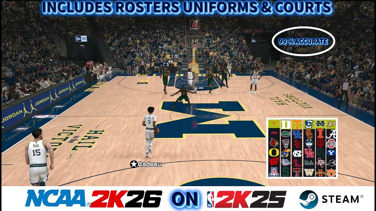 NCAA 2K26 на NBA 2K25 включает в себя составы команд, форму и площадки (STEAM).