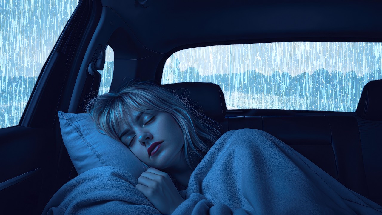 Sleeping Enchanted by Heavy Rain in the Car and Thunderstorms Relieves Stress Faster