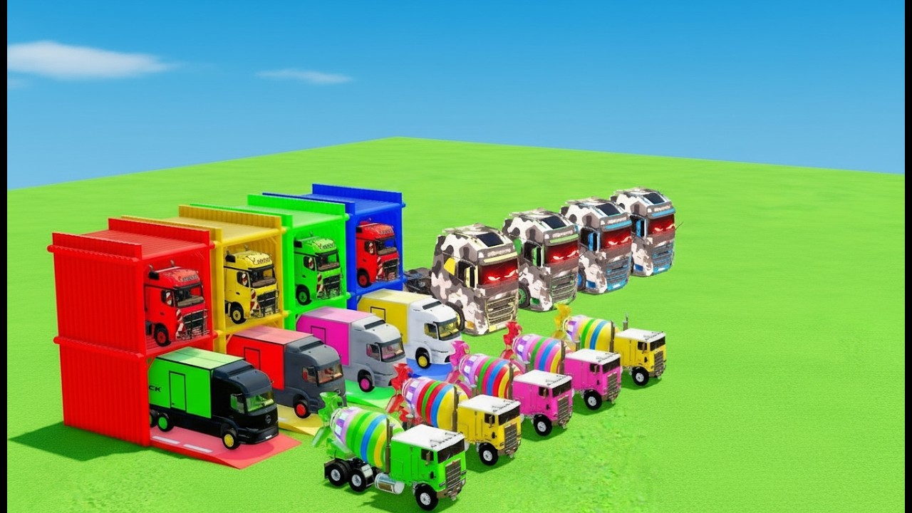 Garage with Colors - ALL MIXER TRUCK WITH DOUBLE FLATBED TRAILER TRUCK, ROSTSELMASH,  DAF, MAN