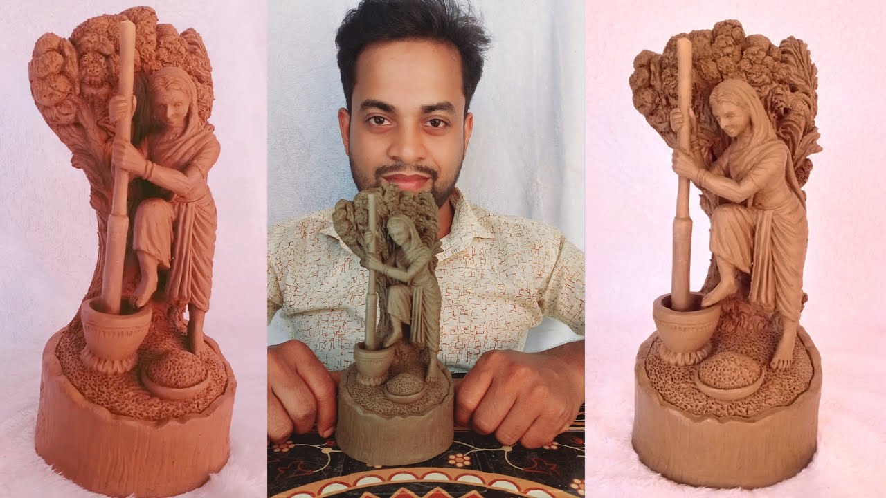 Clay Sculpture of Traditional Bengali Village Woman,গ্রাম বাংলার পিঠা বানানোর ঐতিহ্যের মাটি ভাস্কর্য