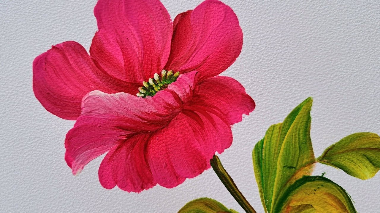 Pintura acrílica de flor roja con pincelada detallada.