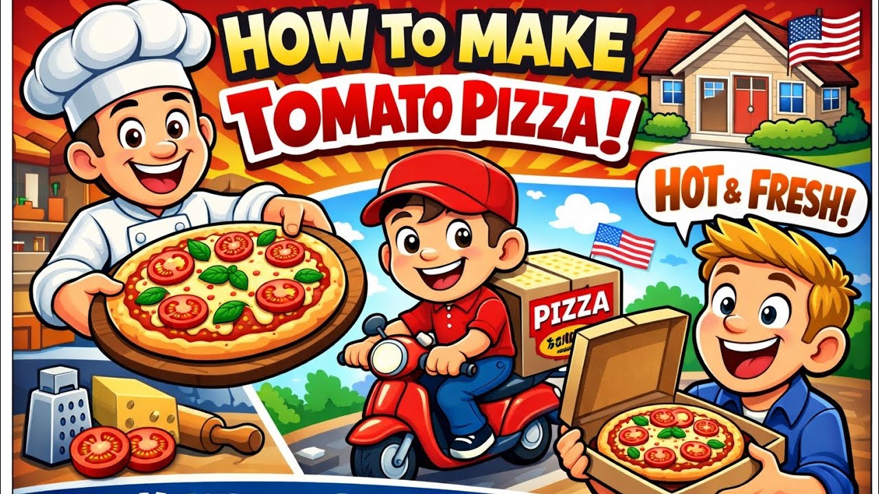 How to Make Tomato Pizza at Home 🍕 | Cartoon Cooking & PG Delivery Story 