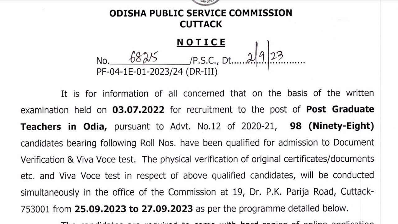 OPSC Post Graduate Teacher in Odia Document Verification & interview Date notification Released2023