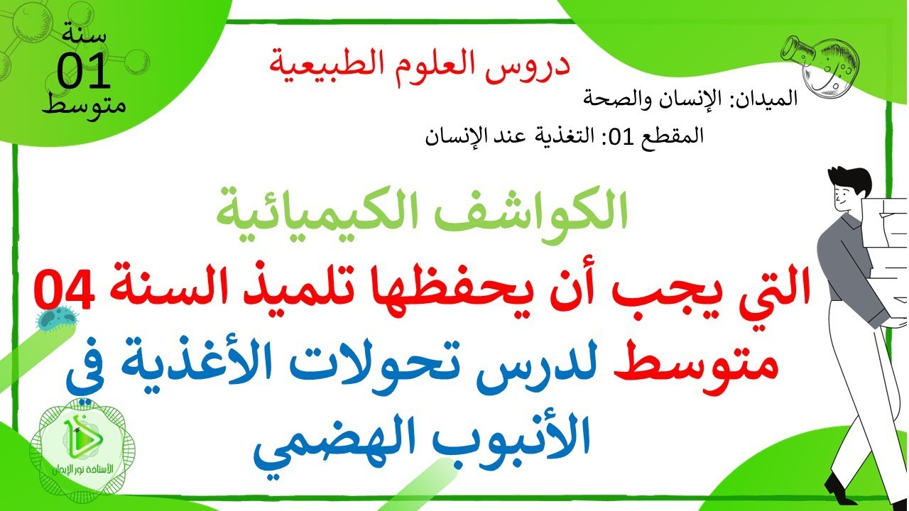 جدول الكواشف التي يحتاجها تلاميذ السنة 04 متوسط في دروس تحولات الأغذية في الأنبوب الهضمي