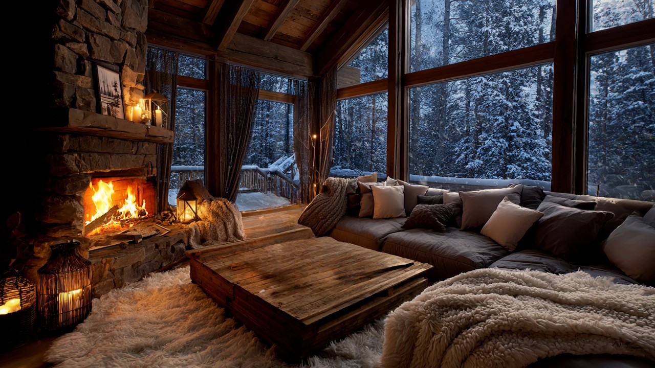 Cozy Winter Cabin Ambience with Soft Falling Snow and Warm Fireplace Glow for Better Sleep