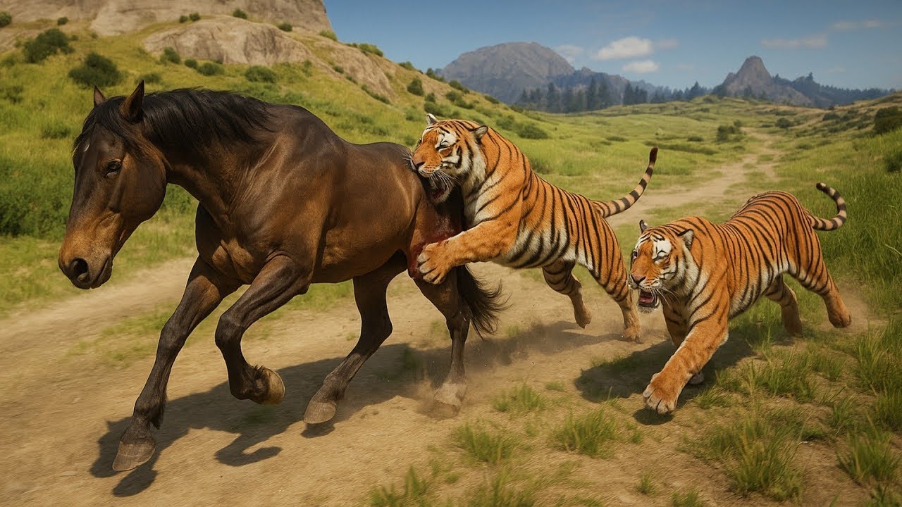 Mustang Donkey Hunted by Three Hungry Tigers Across the Grassland EPS 1