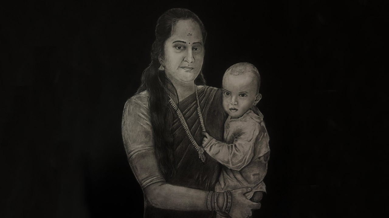 Drawing Portrait of Mother & Child - Realistic Charcoal Portrait #pencilportrsit #art #charcoalart
