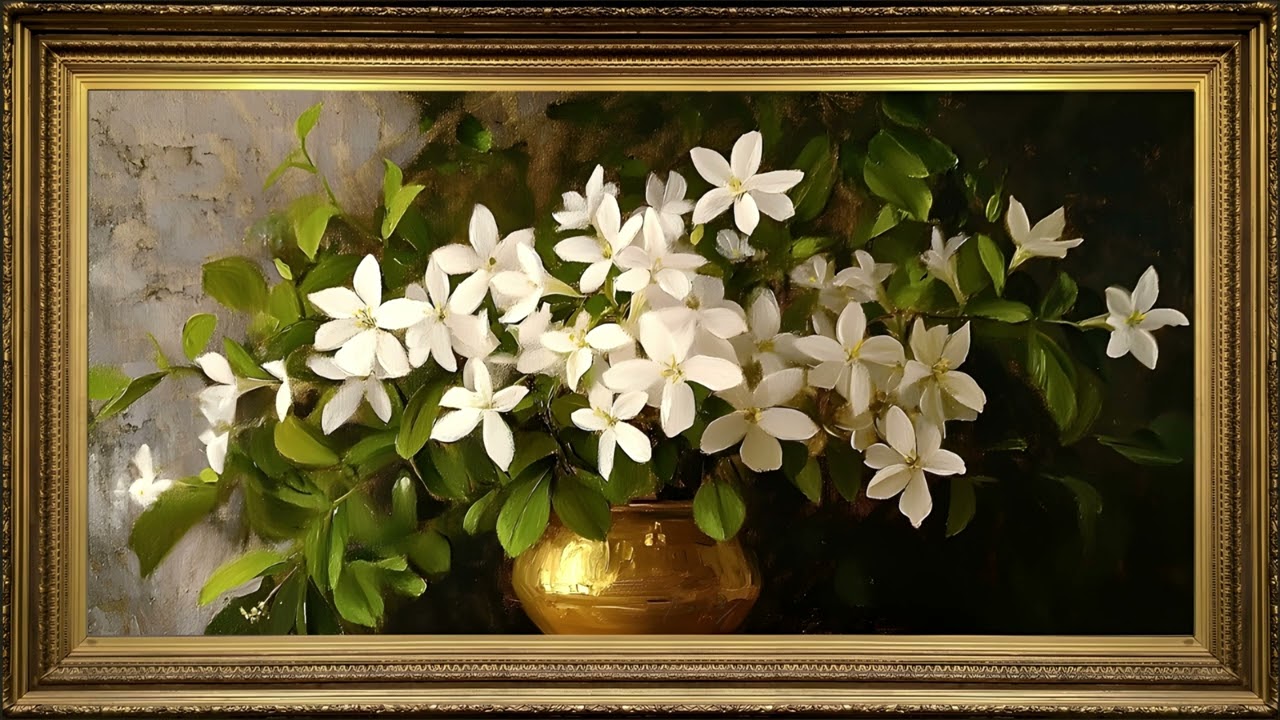 Royal Jasmine Flowers, Vintage Still Life Oil Painting | Gold Framed Art Screensaver for TV