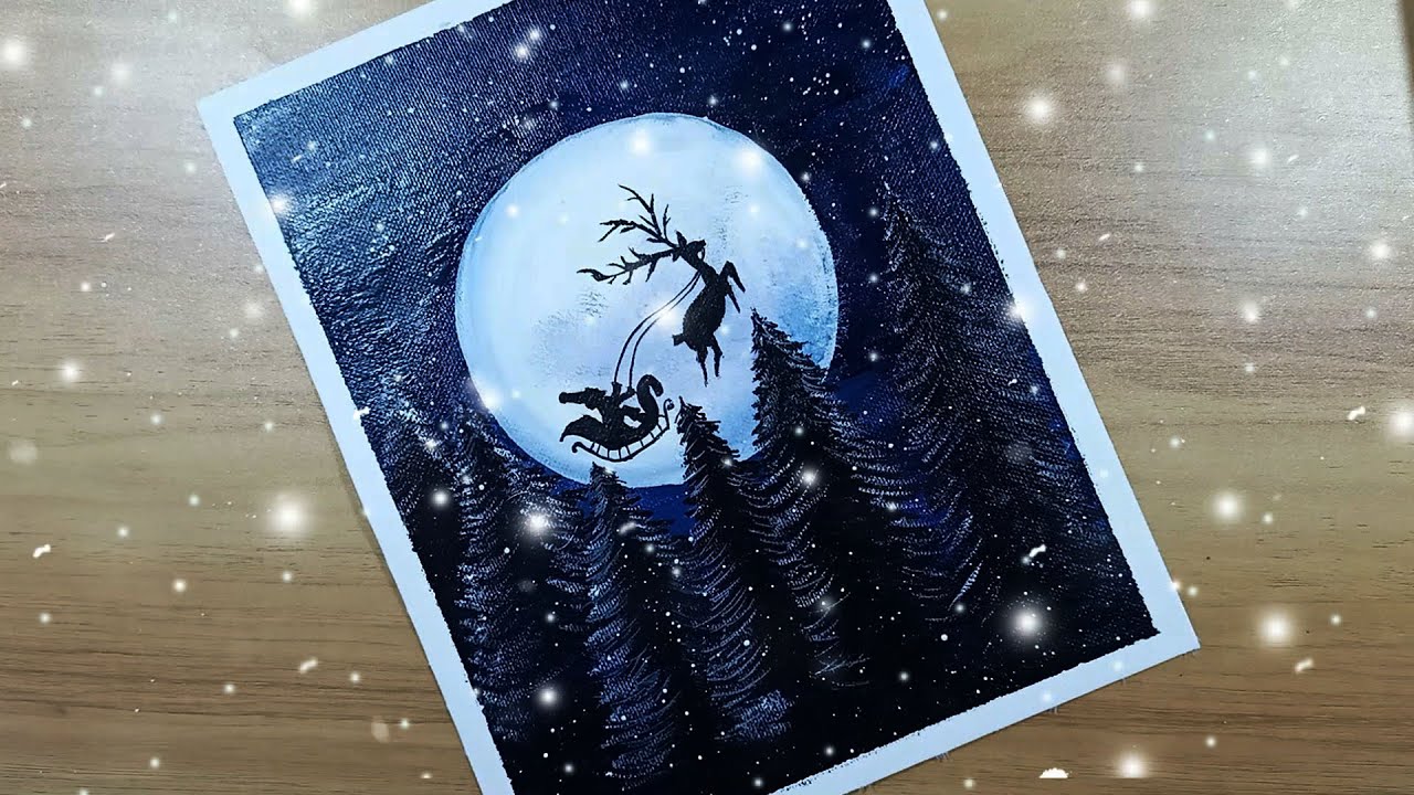 Beautiful Moonlight Scenery Painting with Watercolor Step by Step | Santa Christmas scenery painting
