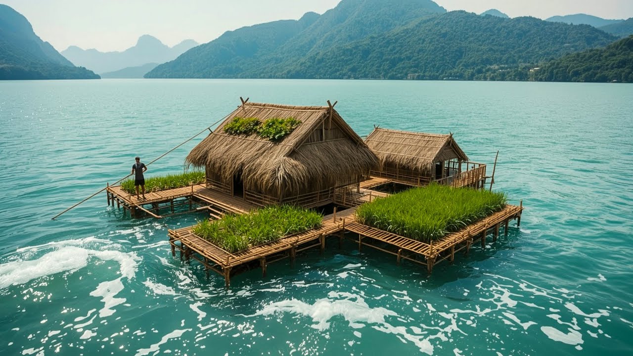 Build a Bamboo House to Survive on a Raft Floating in the River, Survive Solo, Bushcraft
