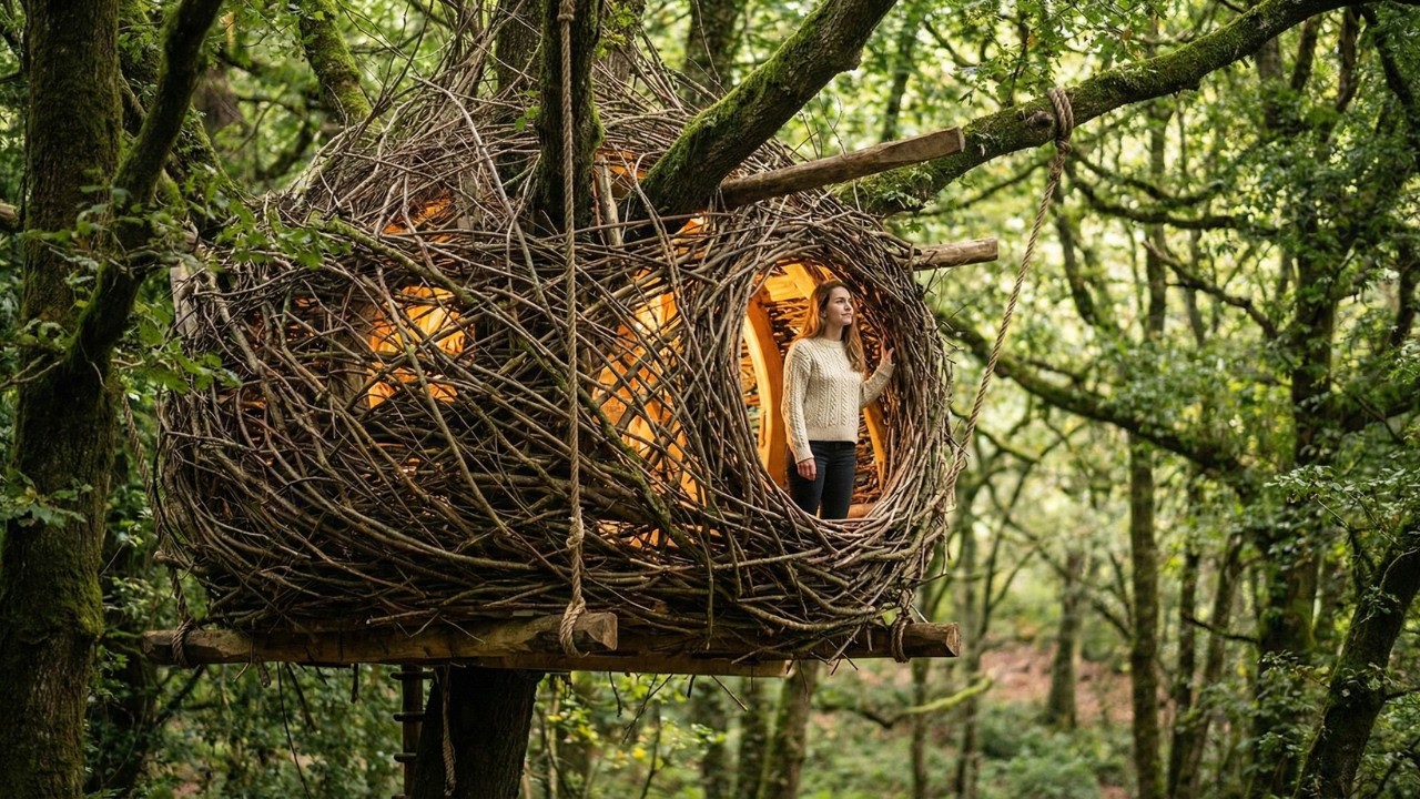 Alone in the Forest - This Woman Built a House Like a Bird's Nest for Shelter in the Forest (ASMR)