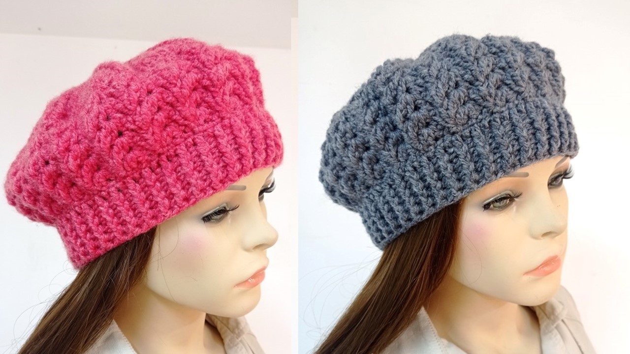 Como tejer la Boina N° 53 a crochet en punto 3 relieves para bebes, niñas y damas paso a  paso