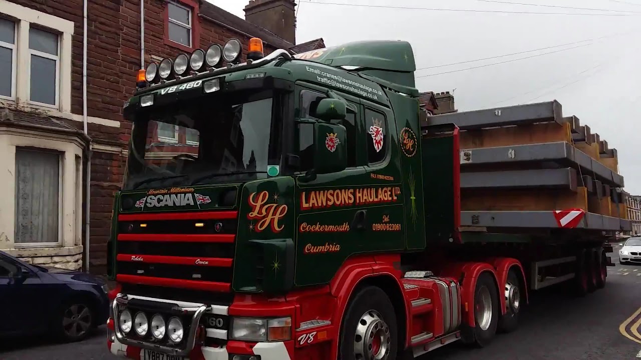 Lawson haulage Scania with a wide load in Workington  17/8/18