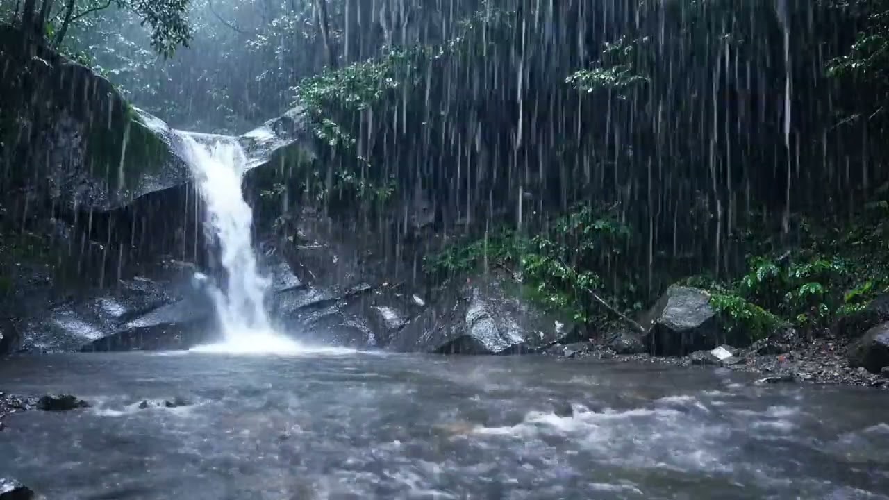 Forest Waterfall in Heavy Rain – Relaxing White Noise for Sleep & Focus