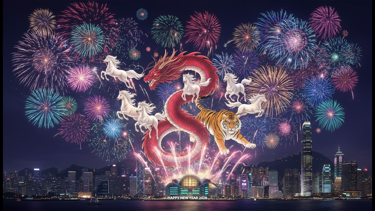 happy new year 2026 hong kong grand fireworks display in 4k