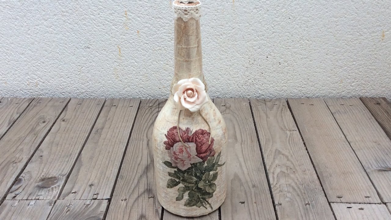 Botella decorada con falso craquelado y decoupage - Eng Sub