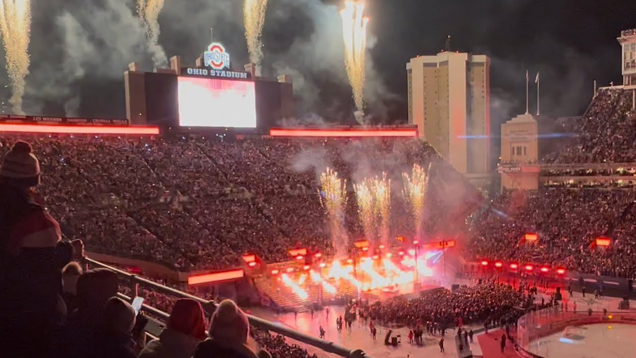 Twenty One Pilots perform at a hockey game