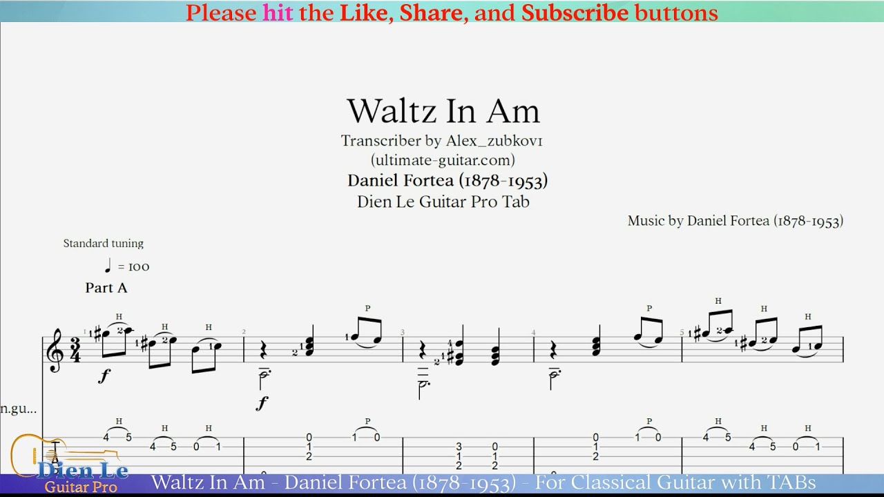 Waltz In Am - Daniel Fortea (1878-1953) - For Classical Guitar with TABs