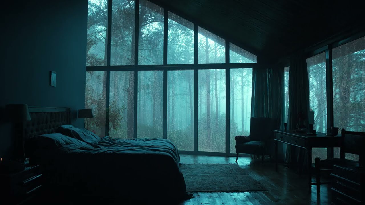 Rain on Window in a Forest Bedroom - Heavy Rainstorm Sounds for Deep Sleep and Study Work