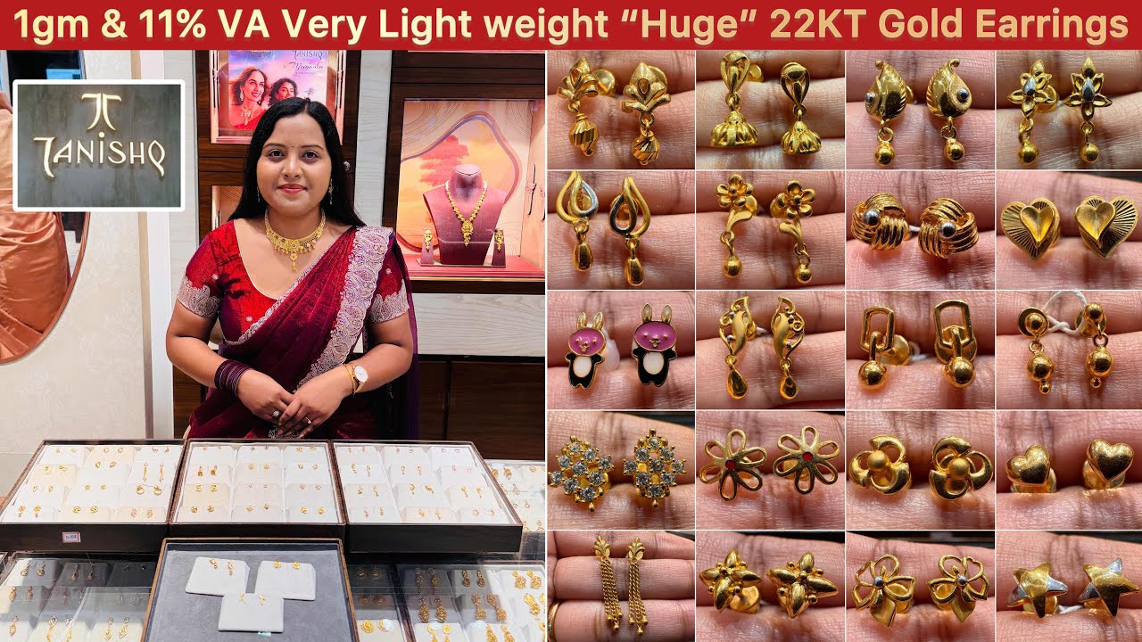 1gm & 11% VA only😱 Very Light weight “Huge” 22KT Gold stylish & trendy Earring designs from Tanishq 