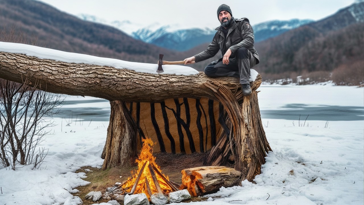 Winter Bushcraft Shelter in Deep Snow | Solo Survival with Dogs