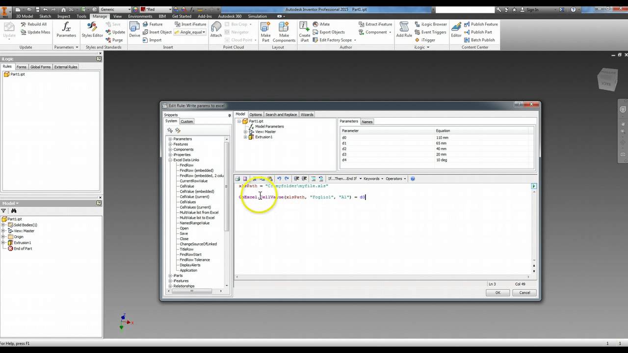 Inventor iLogic Write Parameters in existing Excel file