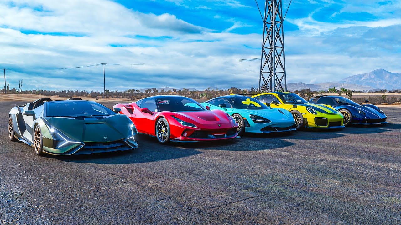 Lambo Sian Roadster vs Ferrari F8 Tributo vs Pagani Zonda Cinque vs McLaren 720S vs 911 GT2 RS | FH5